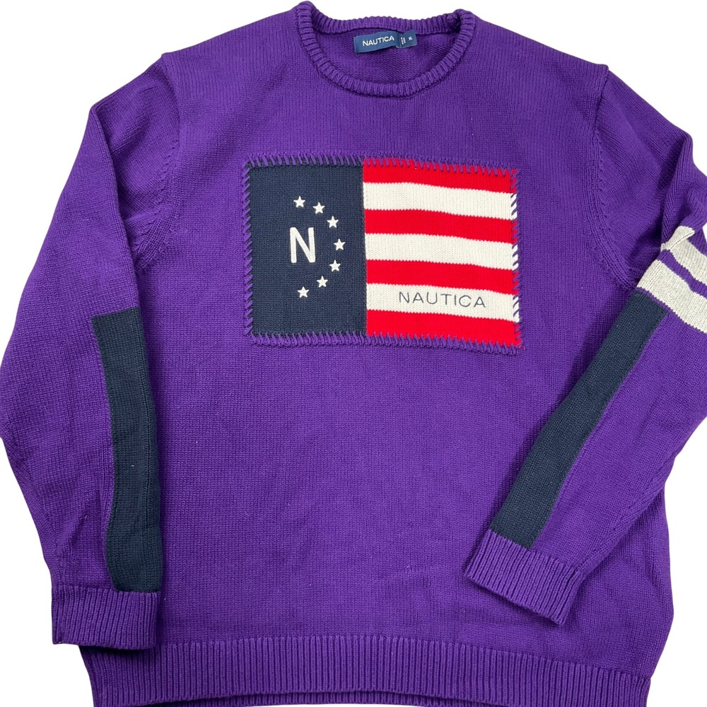 Nautica Flag Sweater Womens XLarge Purple Colorblock Stitched Logo Patriotic